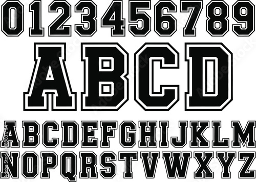 Varsity Sports Alphabet and Numbers Set with Bold Black Slab Serif Font for Athletic Jersey Design and Team Branding