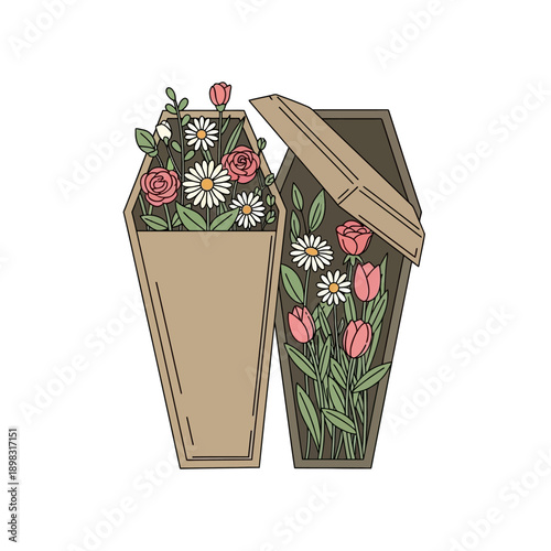 Two open coffins filled with colorful flowers, symbolizing life and death.