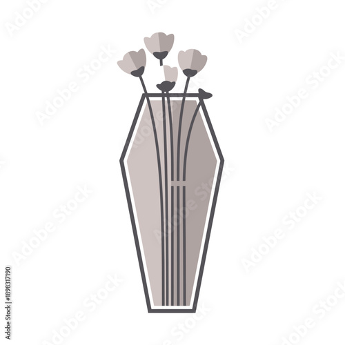 Grief concept: Coffin vase with flowers, symbolizing loss and remembrance
