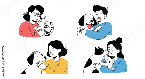 Heartwarming scenes of men and women cuddling and showing affection to their pet cats and dogs in a simple drawing style.
