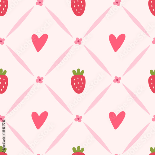 Cute seamless pattern with strawberries and hearts