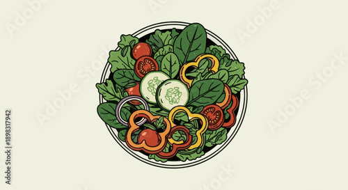 Colorful vector illustration of a salad bowl. Features lettuce, tomatoes, cucumbers, onions and peppers. Great for health, nutrition, menus and food blogging.