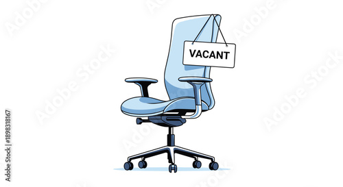 Blue ergonomic office chair standing alone with a sign that reads VACANT hanging from its backrest, indicating a job opening.