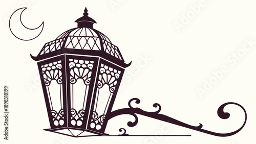 Elegant lantern with intricate design under crescent moon