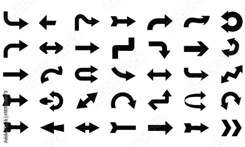 Collection of various black arrows in different shapes and directions on a white background used for navigation and direction purposes in design and communication.
