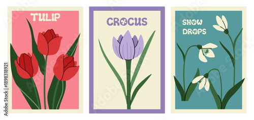 Modern Spring greeting card, banner or poster set with hand drawn flowers for Womens Day, Mothers Day, birthday, Easter. tulips, daisies, daffodils, crocuses. 