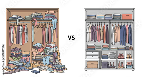 Visual comparison between a messy unorganized wardrobe and a perfectly tidy and organized closet system for clothes.