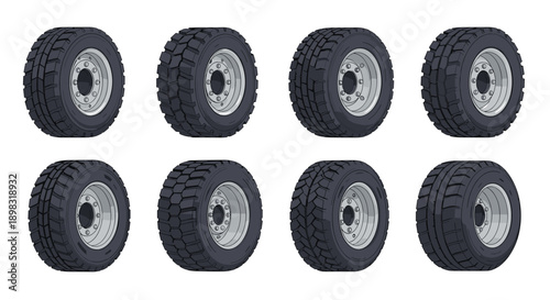 Eight different heavy duty truck and tractor tires with various tread patterns shown from a side perspective.