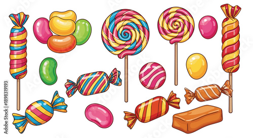 Collection of colorful assorted candies lollipops jelly beans and wrapped sweets in many shapes and patterns.