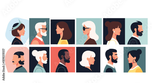 Diverse collection of people profile portraits in colorful square frames showing different ages and ethnicities.