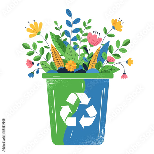Recycling bin overflowing with vibrant green plants and colorful flowers, symbolizing eco-friendly lifestyle.