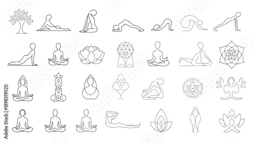 Line art illustrations depict various yoga poses meditation symbols and spiritual elements