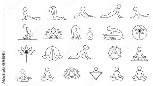 Minimalist line art depicting various yoga poses lotus flowers and spiritual symbols