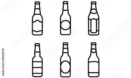 Simple black and white illustration of six different beer bottles arranged in two rows on a plain white background perfect for brewery or beer related designs.