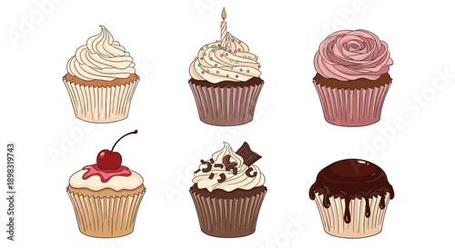 Six beautifully decorated cupcakes with different frostings and toppings like a cherry chocolate and a candle.