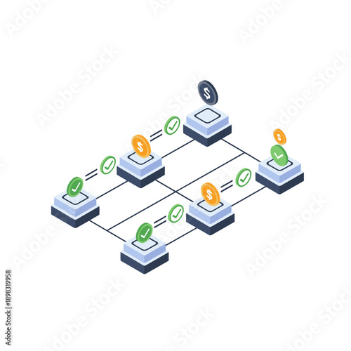 Blockchain network diagram with interconnected blocks and cryptocurrency symbols.