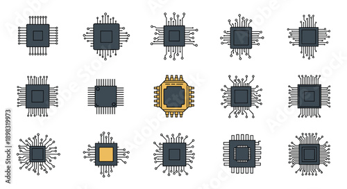 Array of various computer processor chip designs with circuit patterns and one highlighted in a gold color.