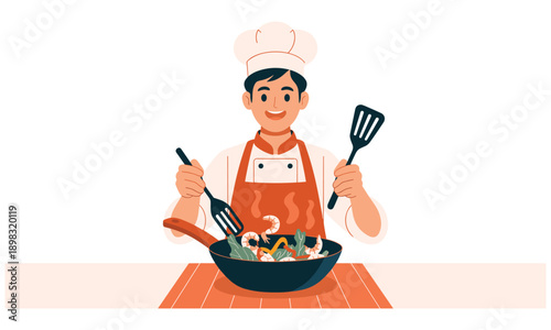 Happy cartoon chef holding spatulas and a wok full of shrimp and vegetables cooking a delicious meal in a kitchen setting with a white background and orange countertop.