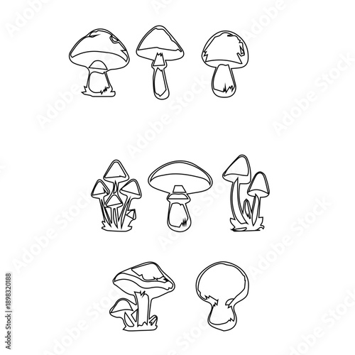 A collection of simple line art illustrations featuring various mushroom shapes and sizes, isolated on a transparent background for easy integration into designs and projects.