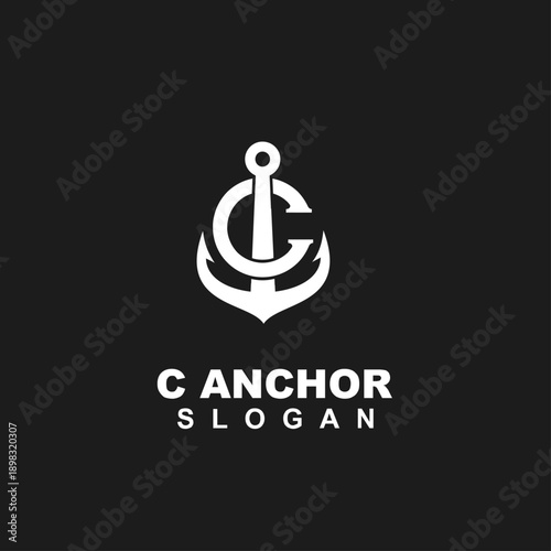 C Anchor Logo Design on Black Background, Minimalist Initial Letter C and Anchor Symbol Vector Icon for Branding