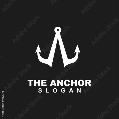 Modern white anchor logo design with stylized A shape on a black background, representing maritime, stability, and security concepts.