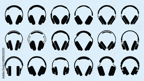 A repeating pattern of black headphones against a pale blue background displayed in rows