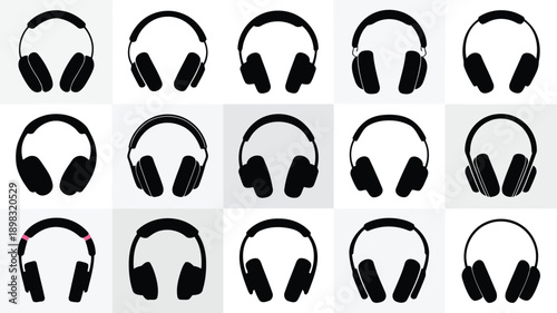 A grid of black headphone silhouettes against a light gray patterned background