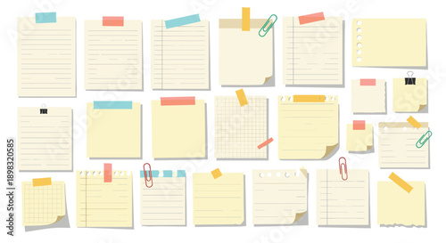 Assortment of various paper notes, reminders, and to-do lists held together by tape, paper clips, and binder clips on a white background.