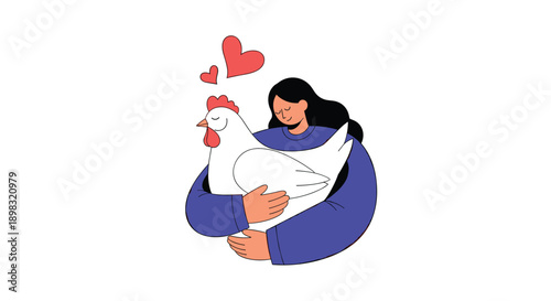 Warm illustration of a woman hugging a large white chicken with deep affection and floating red hearts symbolizing animal friendship.