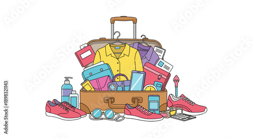 Open suitcase packed with essential travel items including colorful clothes, shoes, toiletries, and various electronic gadgets.