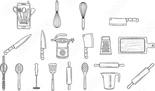 “Black and White Kitchen Utensil Vector Illustration Showing Cooking Tools, Knives, Whisks, Grater, Cutting Board, and Measuring Cup for Culinary Design and Food Preparation”