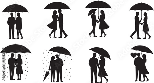 Silhouettes of romantic couples sharing umbrellas walking together in rainy weather