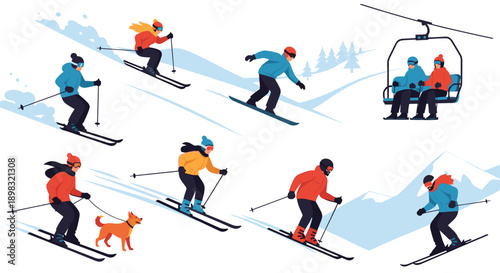 People enjoying various winter sports like skiing and snowboarding on a snowy mountain resort with a functioning chairlift system.