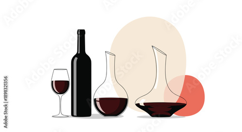 Red wine bottle glass and decanters are arranged elegantly for a tasting session or a sophisticated dinner party.