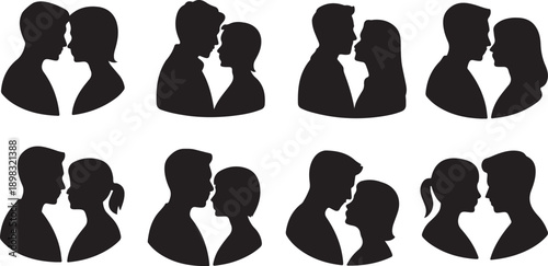 Silhouettes of couples in love showing affection and romantic connection with close profiles