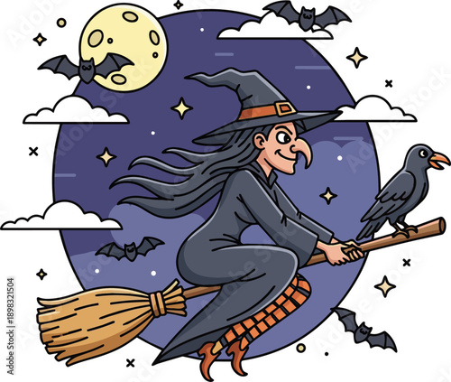 Witch sitting on a broomstick. Cartoon illustration for Halloween. Background with a crow, bats, stars and the moon. 