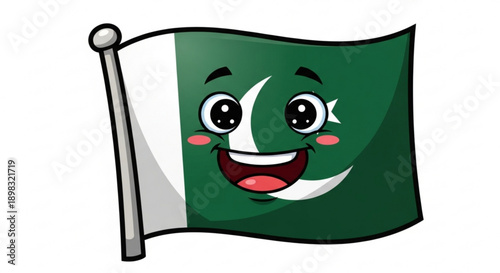 Smiling pakistan flag cartoon with happy face waving on silver pole green and white colors