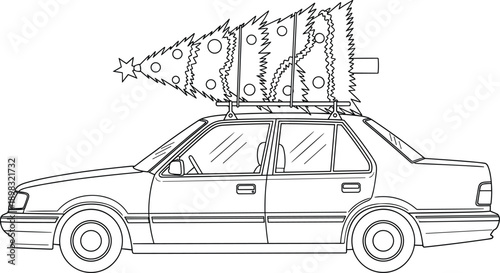 Car carrying Christmas tree on roof rack illustration, winter holiday travel concept, family vehicle line art, festive seasonal drawing