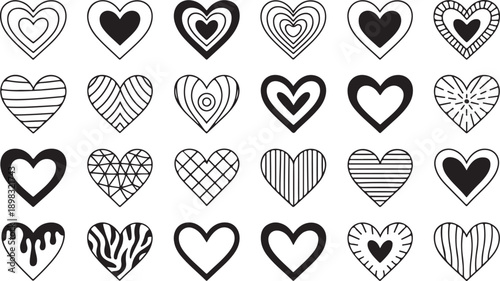 A diverse collection of outlined heart shapes showcasing various unique patterns and textures on white