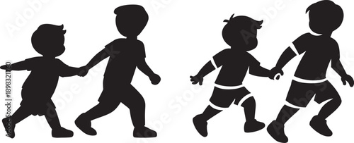 Two Pairs of Children Walking and Running Together Vector Icon Minimalist Kids Holding Hands Silhouette