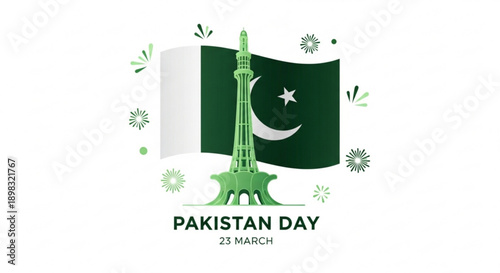 Pakistan day celebration with flag and minar e pakistan monument on white background with green decorations
