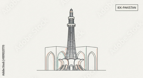 Minar e pakistan monument illustration with arches and tower on white background