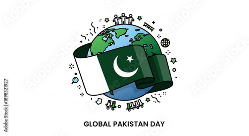 Global pakistan day illustration with flag wrapped around earth globe surrounded by icons