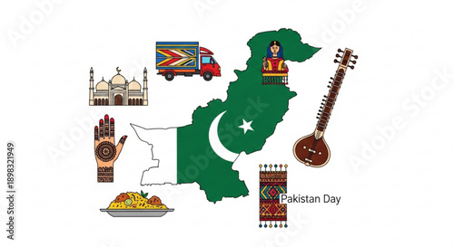 Pakistan day celebration symbols and icons with map and flag