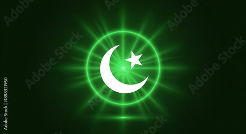 Glowing green pakistani flag symbol with crescent moon and star on dark background representing national pride and patriotism
