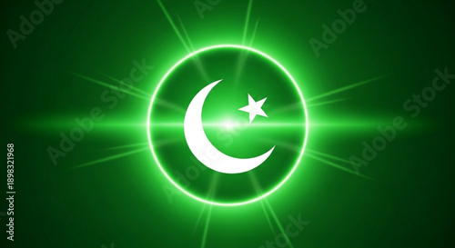 Glowing green pakistani flag symbol with crescent moon and star on dark background