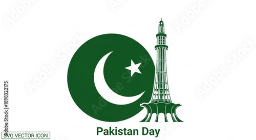 Pakistan day celebration with green and white crescent moon star symbol and minar e pakistan monument