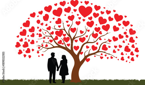 Silhouette of a loving couple holding hands under a large tree with red heart leaves