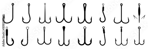 An extensive array of black silhouette fishing hooks in various shapes and sizes for angling enthusiasts.