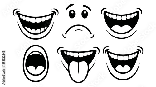 A set of funny black and white cartoon facial expressions, including happy smiles and a sad mouth.